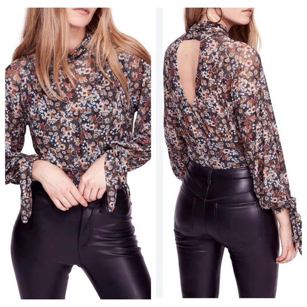 Free People All Dolled Up Floral Mesh Crop Top M Mock Neck Open Back Ditzy Boho